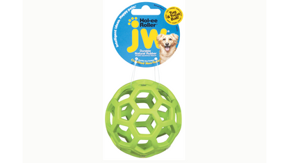 A small green JW Hol-ee Roller ball Available from Your Whole Dog.
