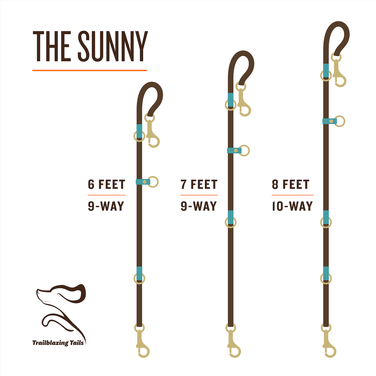 The adjustable length dog leash, Trailblazing Tails: The Sunny (current stock) by Your Whole Dog, is perfect for sunny strolls with your furry companion.