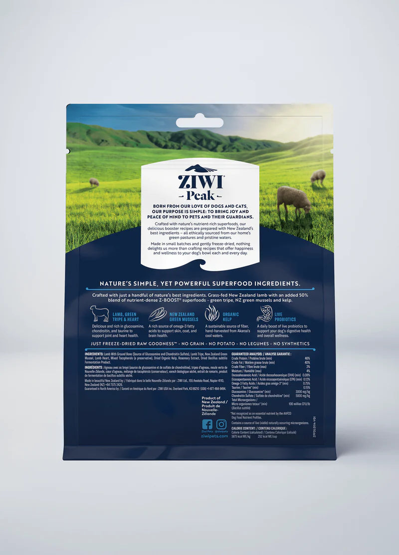 A bag of Your Whole Dog ZIWI Peak Freeze-Dried Raw Superboost Lamb with a pastoral farm scene and detailed product information on the packaging.