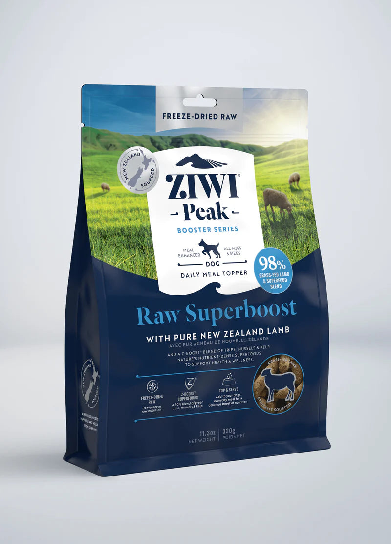A package of SALE: ZIWI Peak Freeze-Dried Raw Superboost Lamb dog food from Your Whole Dog featuring freeze-dried raw New Zealand lamb.