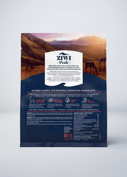 A bag of Your Whole Dog's ZIWI Peak Freeze-Dried Raw Superboost Venison dog food with a picture of a mountain in the background.