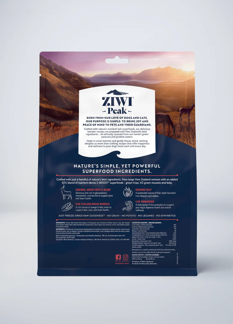 A bag of ZIWI Peak Freeze-Dried Raw Superboost Venison dog food, part of the freeze-dried superfood series by Your Whole Dog, on a white background.