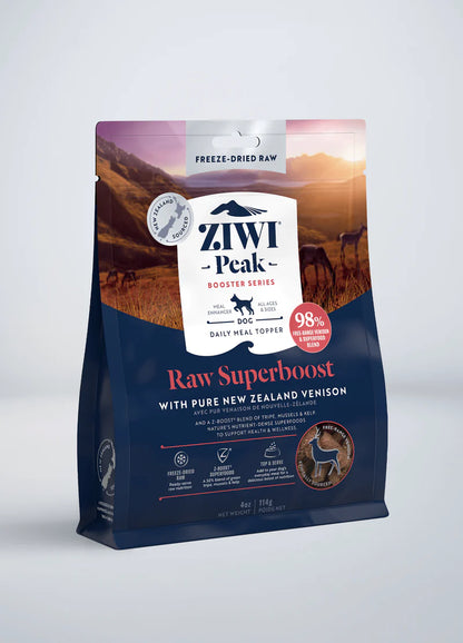A bag of Your Whole Dog ZIWI Peak Freeze-Dried Raw Superboost Venison dog food.