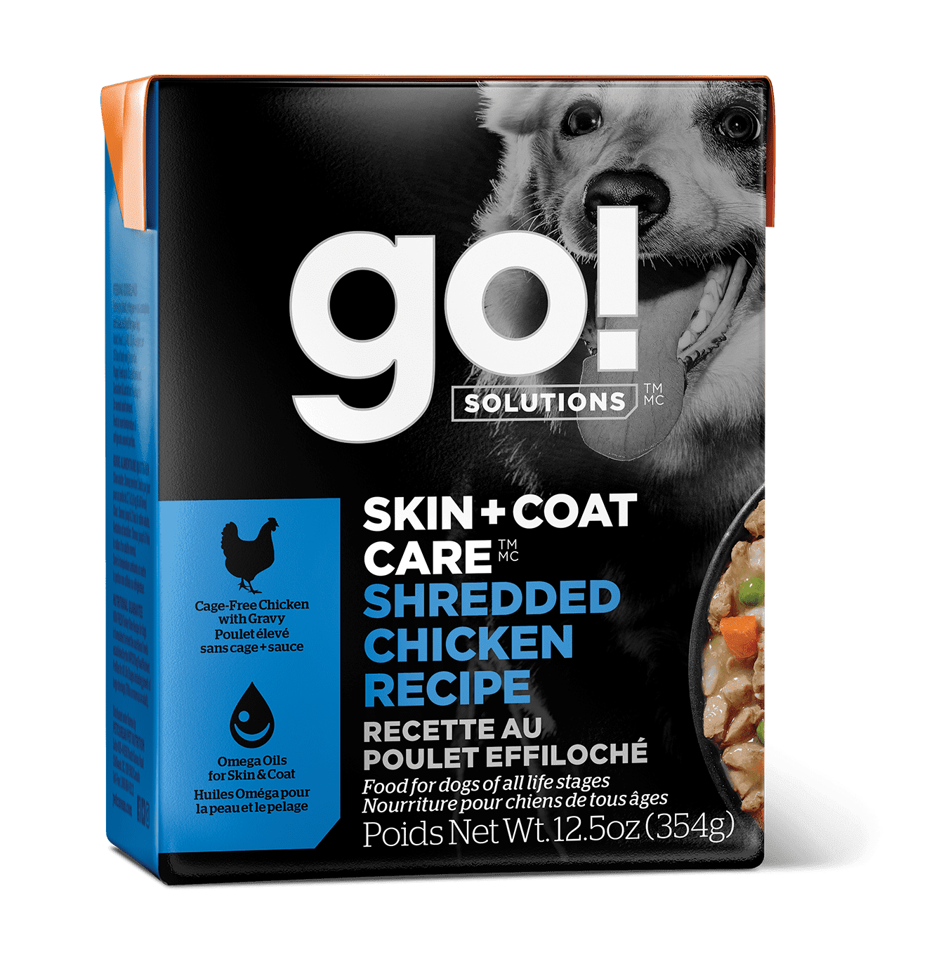 Your Whole Dog's GO! SOLUTIONS SKIN + COAT CARE Shredded Chicken (354g) is a premium pet food that enhances your dog's skin and coat health. This specially formulated recipe is made with high-quality ingredients to promote a shiny and healthy coat.