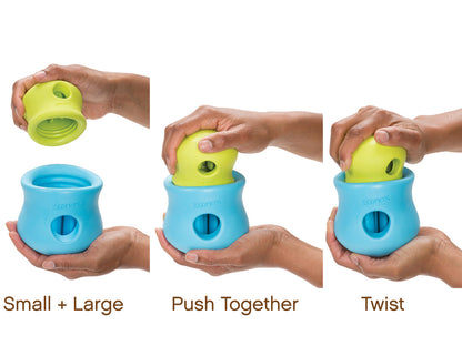 A series of pictures showing how to use the West Paw Toppl toy by Your Whole Dog.