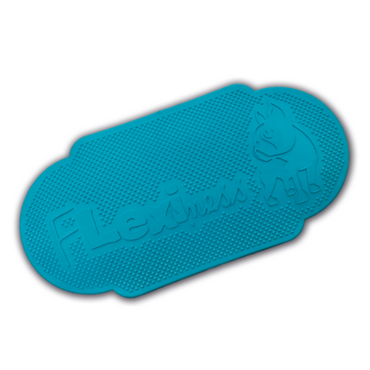 A blue dog mat with the word Flexiness TwinDisc (2021 edition) on it, designed for stability and balance during muscle building by Your Whole Dog.