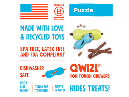 A tough puzzle made with West Paw: Qwizl toys and treats by Your Whole Dog.