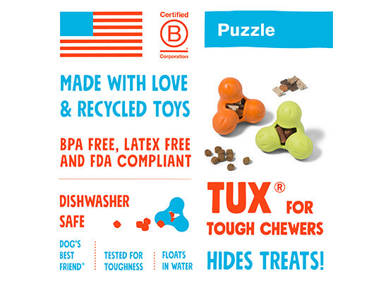 Advertisement for eco-friendly, safe, and durable Tux treat toys for dogs with a treat-hiding feature. Ideal for tough chewers and dishwasher safe.
