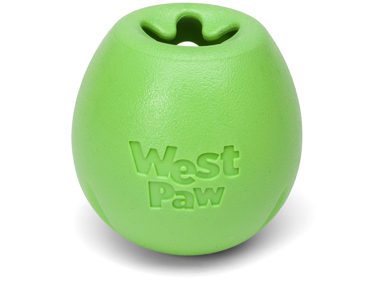 West Paw's green Rumbl from Your Whole Dog. A treat-dispensing dog toy with an opening at the top, shown isolated on a white background.