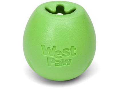 West Paw's green Rumbl from Your Whole Dog. A treat-dispensing dog toy with an opening at the top, shown isolated on a white background.