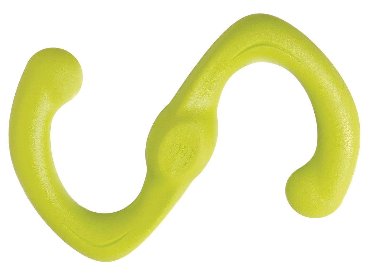 The West Paw Bumi by Your Whole Dog is a bright green, S-shaped flexible tug toy with rounded ends, crafted to ensure durability and endless fun for dogs.