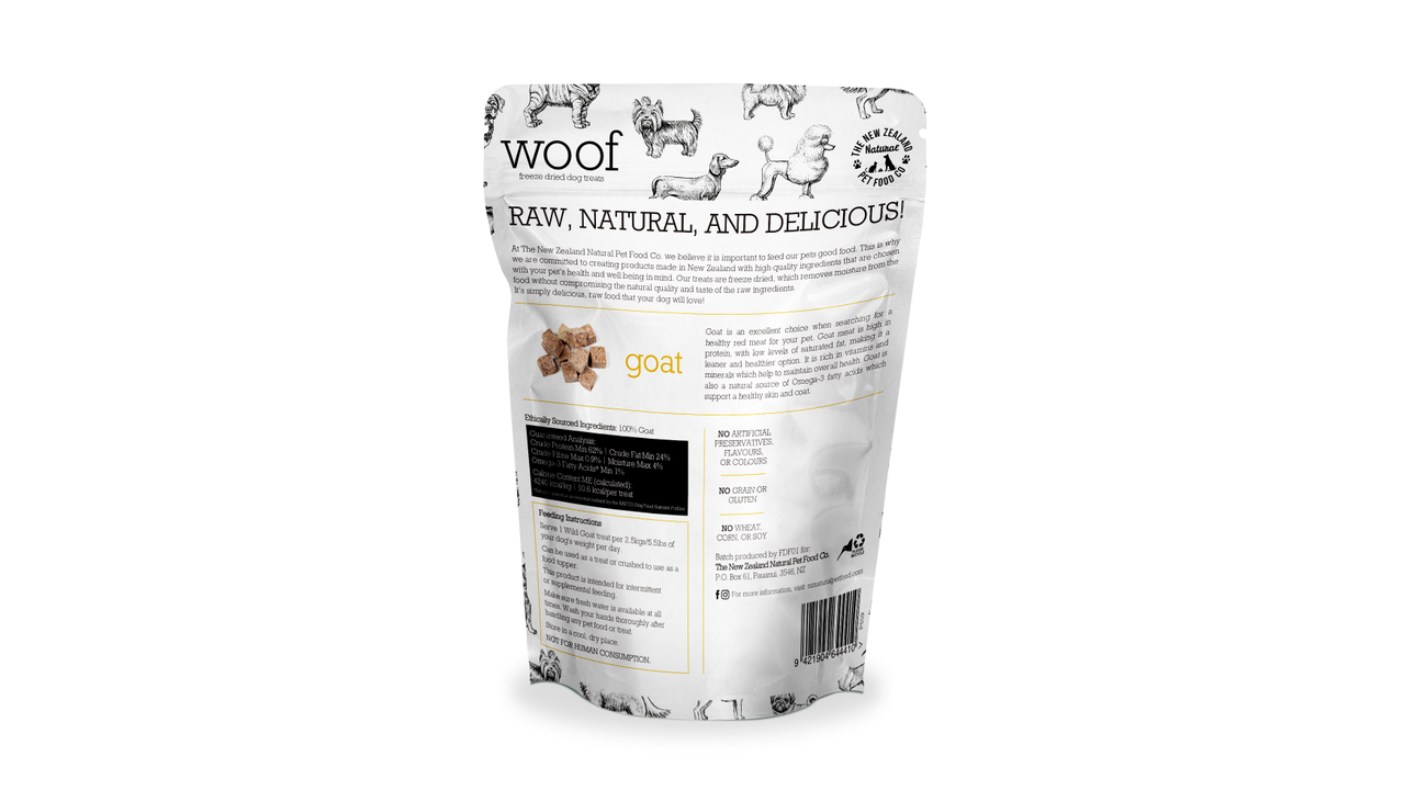 A bag of Woof: Wild Goat Treats (50g) from Your Whole Dog on a white background.