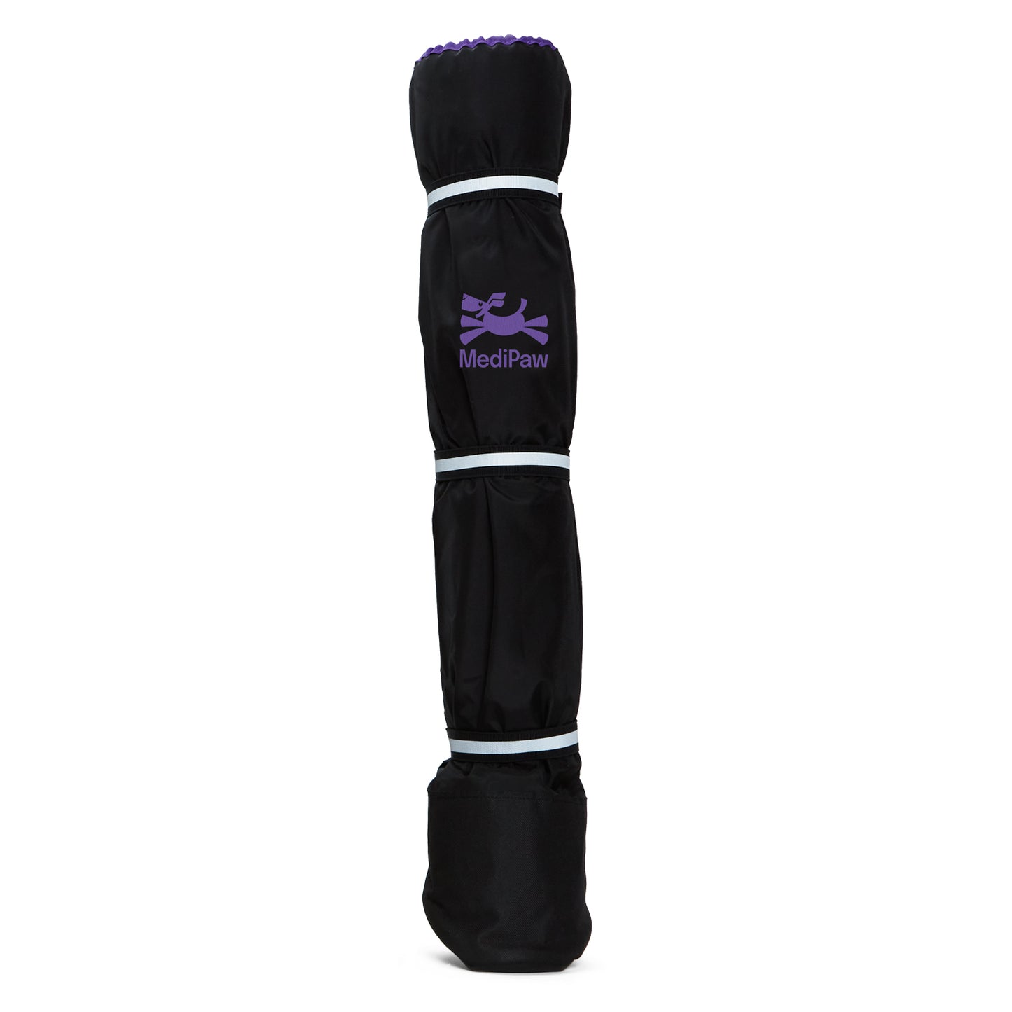 A black MediPaw: Healing Slim Boot with a purple Your Whole Dog logo on it.