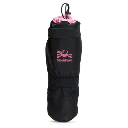 A black and pink bag with a logo on it, perfect for carrying Your Whole Dog's MediPaw: Soft Bandage (Basic) Boot items.