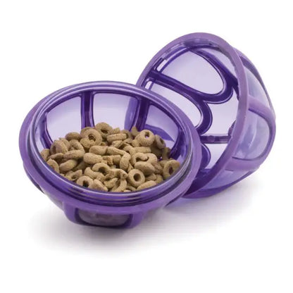 Two purple bowls with cereal in them that are also CLEARANCE: Busy Buddy Kibble Nibble slow feeders and meal-dispensing toys from Your Whole Dog.
