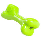 A bright green, bone-shaped dog toy, perfect for moderate chewers, features a small circular protrusion and a hole on one end for extra chewy goodness. Introducing the "CLEARANCE: Planet Dog ORBEE-TUFF BONE" by Your Whole Dog.