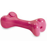 Pink, bone-shaped rubber dog toy with a small embossed logo near one end, perfect for moderate chewers who enjoy some chewy goodness. CLEARANCE: Planet Dog ORBEE-TUFF BONE by Your Whole Dog.