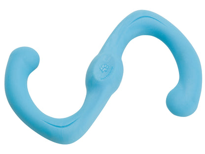 A West Paw: Bumi, a blue rubber squeaky toy perfect for chewers and fetch, on a white background by Your Whole Dog.