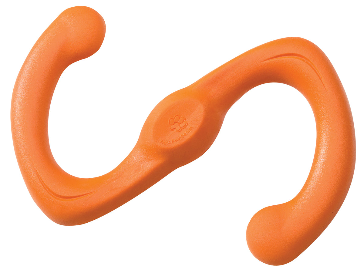 A West Paw: Bumi orange plastic squeaky toy for fetch on a white background. Brand: Your Whole Dog.