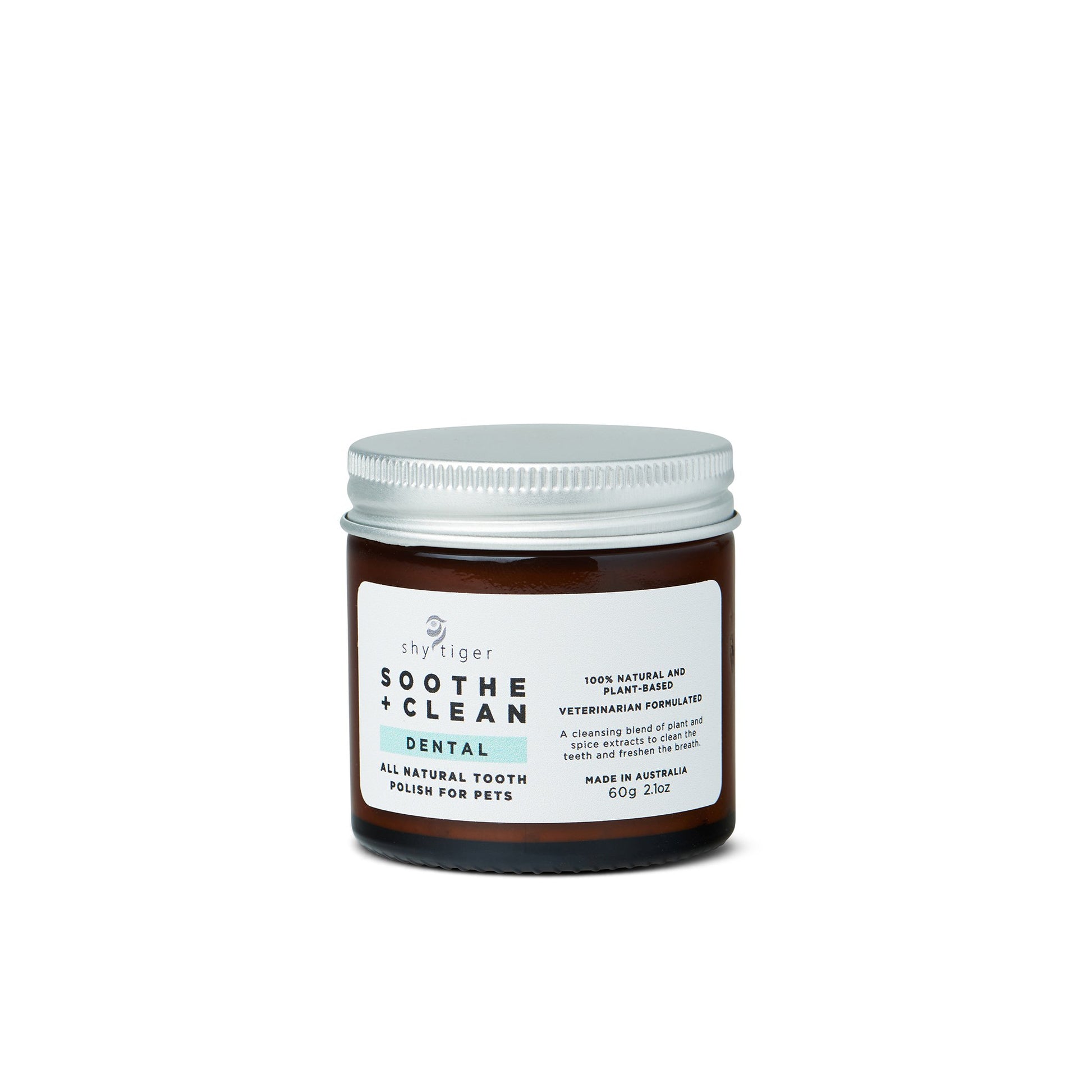A jar of Your Whole Dog's Shy Tiger: Soothe + Clean Dental health for pets, an all-natural tooth polish for pets, against a white background.
