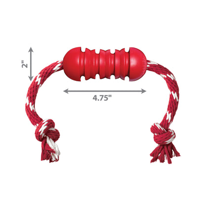 A red and white Your Whole Dog KONG Dental with Rope dog toy with measurements.