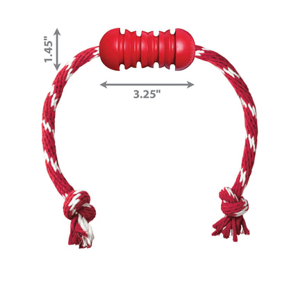 A red and white Your Whole Dog SALE: KONG Dental with Rope dog toy with measurements.