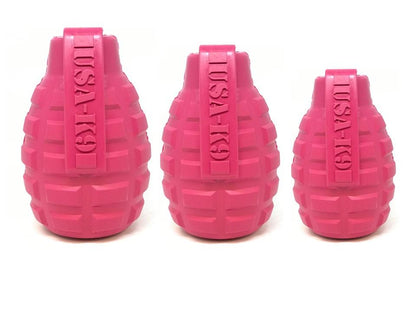 Three CLEARANCE: Soda Pup GRENADE TOY & TREAT DISPENSER (PINK - for teething puppies), on a white background, from Your Whole Dog.
