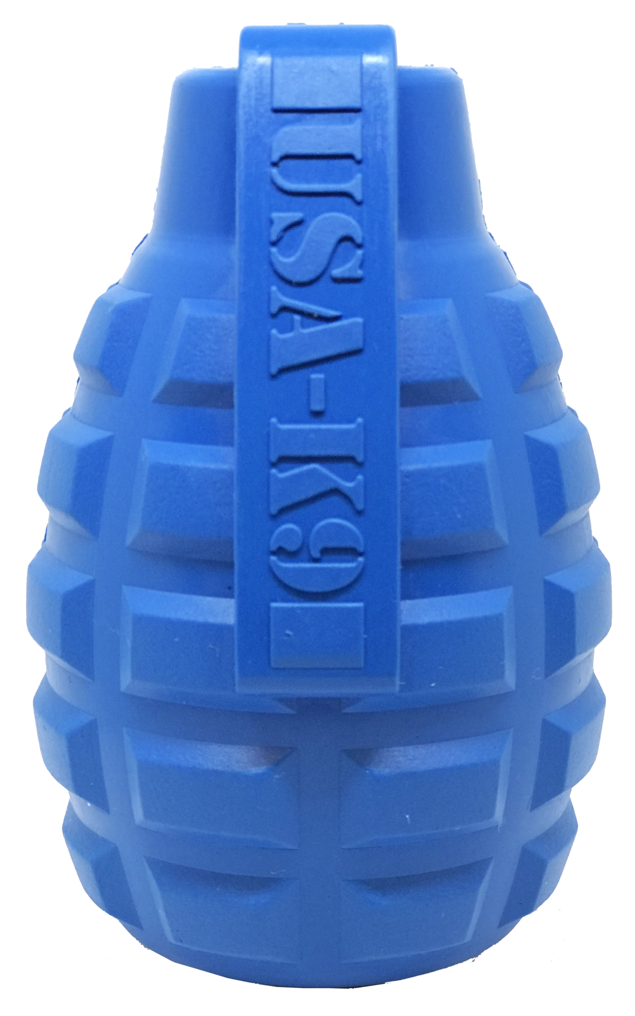 A durable chew toy with a blue handle, CLEARANCE: Soda Pup GRENADE TOY & TREAT DISPENSER (M&L) from Your Whole Dog.
