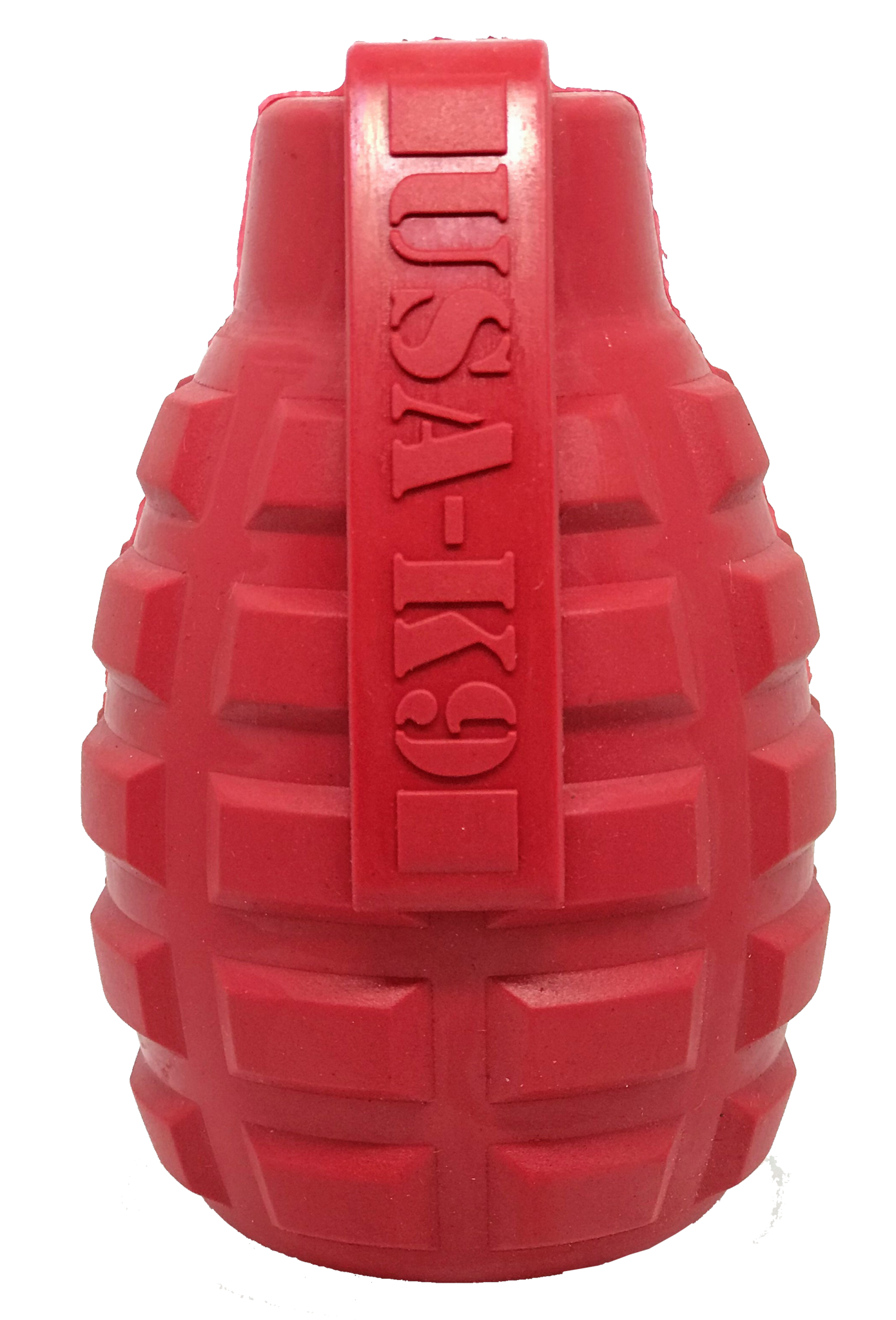 A red CLEARANCE: Soda Pup GRENADE TOY & TREAT DISPENSER (M&L) with the word grenade on it, designed as a durable chew toy for dog enrichment by Your Whole Dog.
