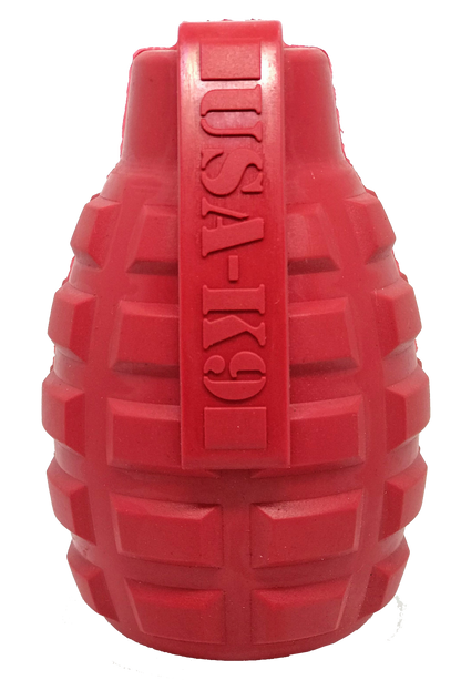 A red CLEARANCE: Soda Pup GRENADE TOY & TREAT DISPENSER (M&L) with the word grenade on it, designed as a durable chew toy for dog enrichment by Your Whole Dog.