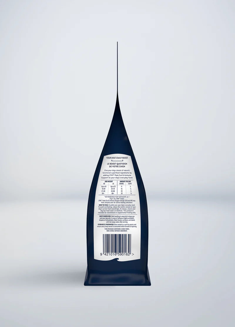 A vertical bag of ZIWI Peak Freeze-Dried Booster - Gut & Immune Support, showcasing a white label with text and a barcode, sits on a neutral background, similar to Ziwi Peak's premium gut health products that highlight quality and care.