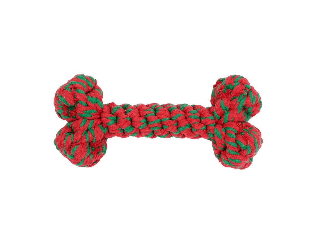 A red and green Jax & Bones: Bone 11" Rope Toy made with non-toxic vegetable dyes, perfect for doggie dental floss.