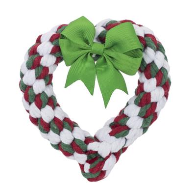 A heart shaped knitted wreath with a green bow, made with non-toxic yarn - Jax & Bones: Heart Rope Toy by Your Whole Dog.