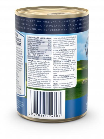 A can of ZIWI Peak Lamb Recipe for Dogs (cans) with a barcode on it, from the brand Your Whole Dog.