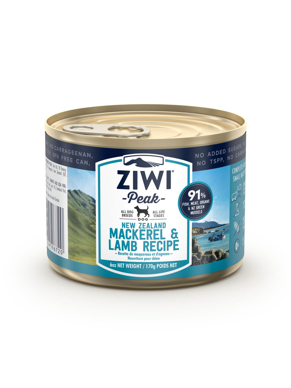 A 170g can of ZIWI Peak Canned Mackerel & Lamb Recipe for Dogs offers 91% meat content with sustainable, grain-free whole blue mackerel, crafted in New Zealand using authentic ingredients to showcase quality and sustainability.