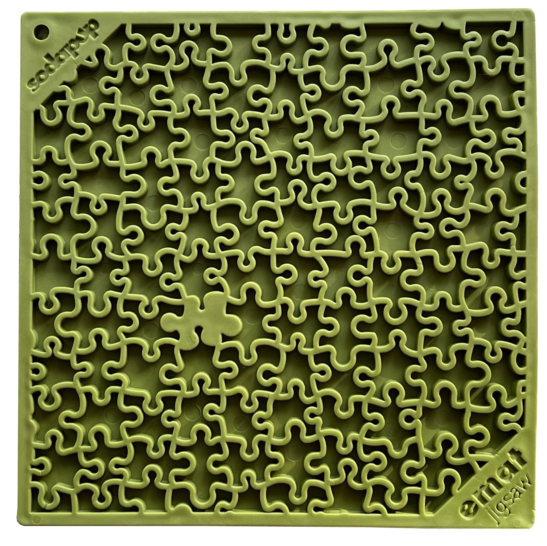Green Silicone Soda Pup EMAT ENRICHMENT LICKING MAT trivet with an intricate interlocking puzzle piece design by Your Whole Dog.