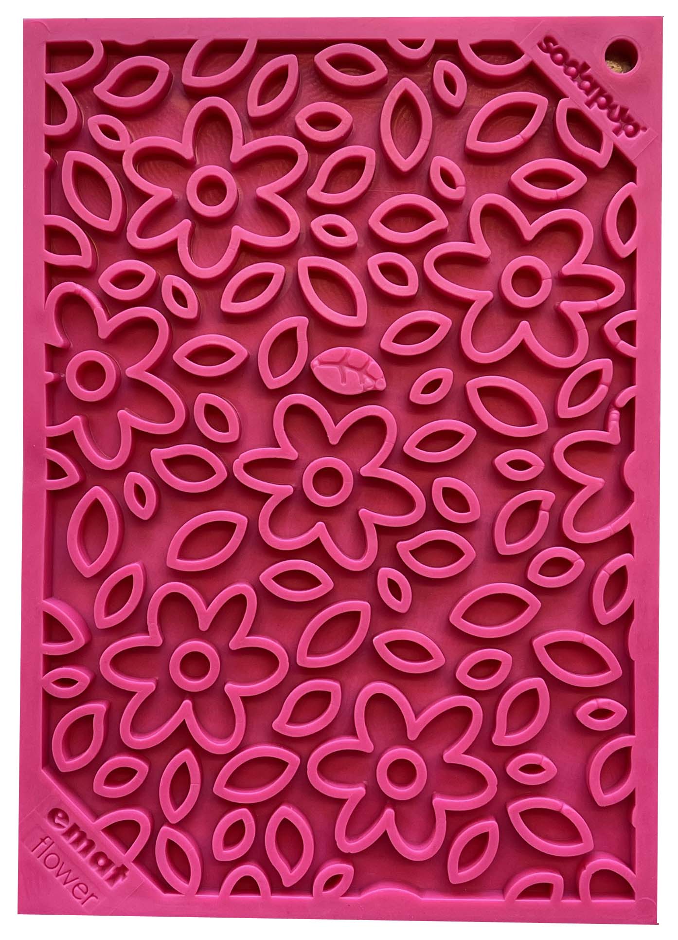 Pink Soda Your Whole Dog silicone Soda Pup EMAT ENRICHMENT LICKING MAT with floral cut-out patterns.