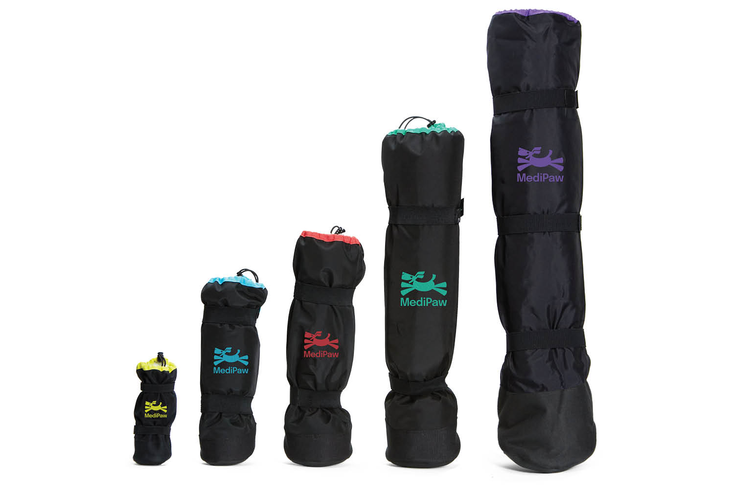 A group of bags with different colors and designs, including Your Whole Dog's MediPaw: Soft Bandage (Basic) Boot items.