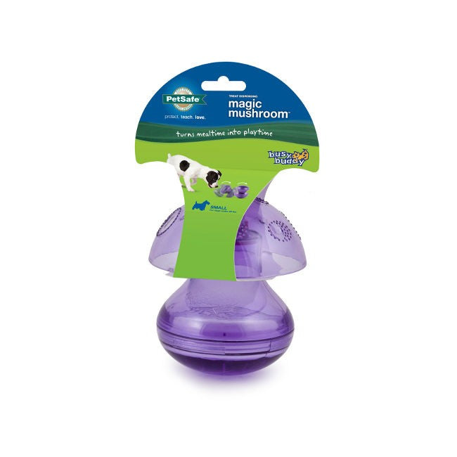 A purple Busy Buddy Magic Mushroom - SMALL dog toy in a package from Your Whole Dog.