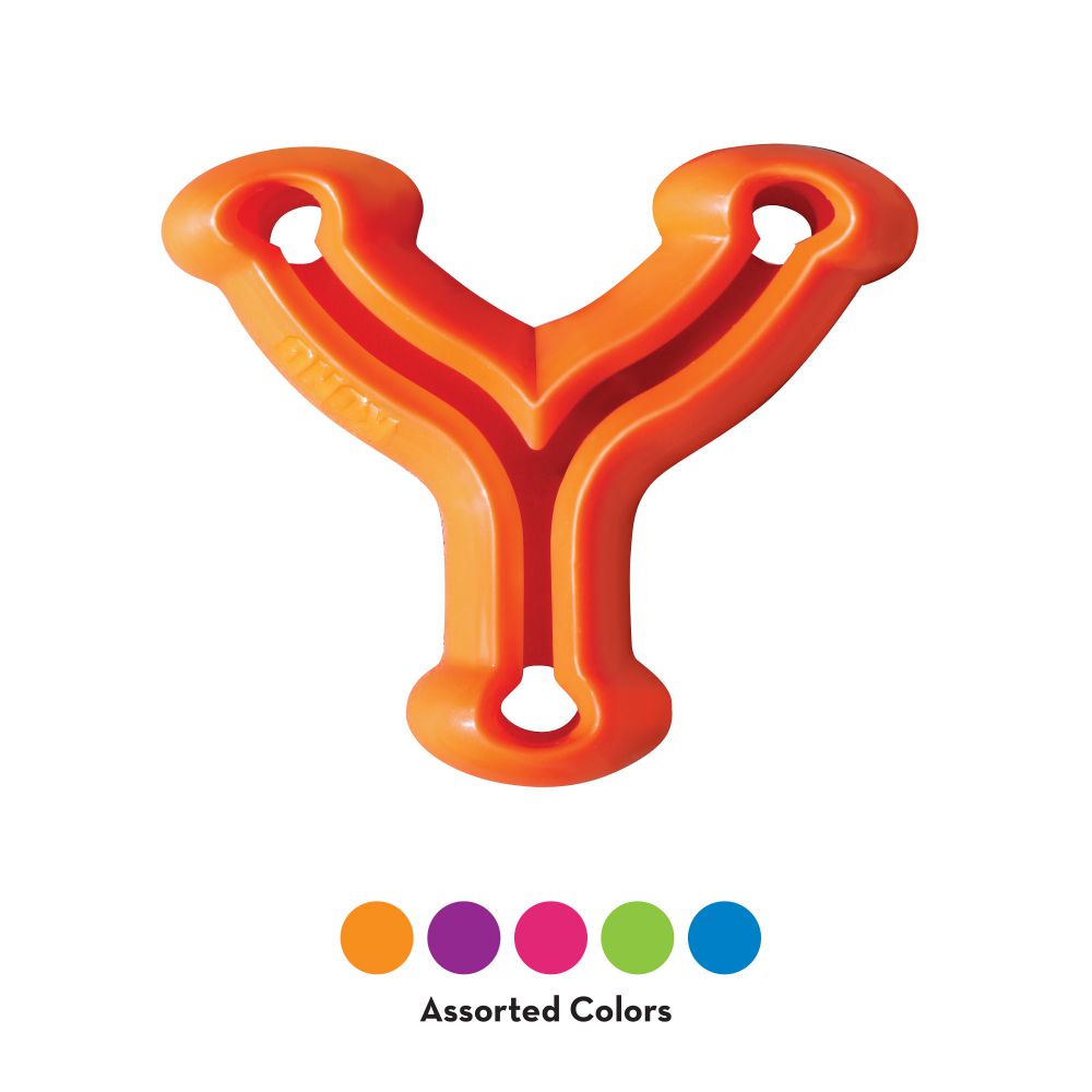 A KONG Quest Wishbone clearance dog chew toy by Your Whole Dog, shaped like a Y and featuring an orange color. Designed to mimic natural foraging behaviors, this treat-dispensing toy ensures hours of engaging play. Below, there are color dots in brown, purple, pink, green, and blue labeled "Assorted Colors.