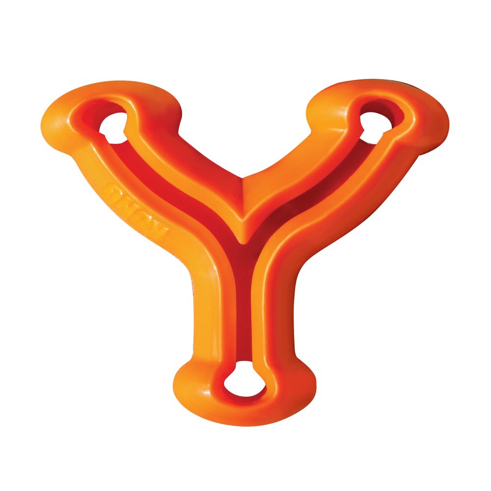 The CLEARANCE: KONG Quest Wishbone from Your Whole Dog is an orange, Y-shaped plastic object with rounded edges and multiple holes at the ends that encourages natural foraging behaviors in pets.