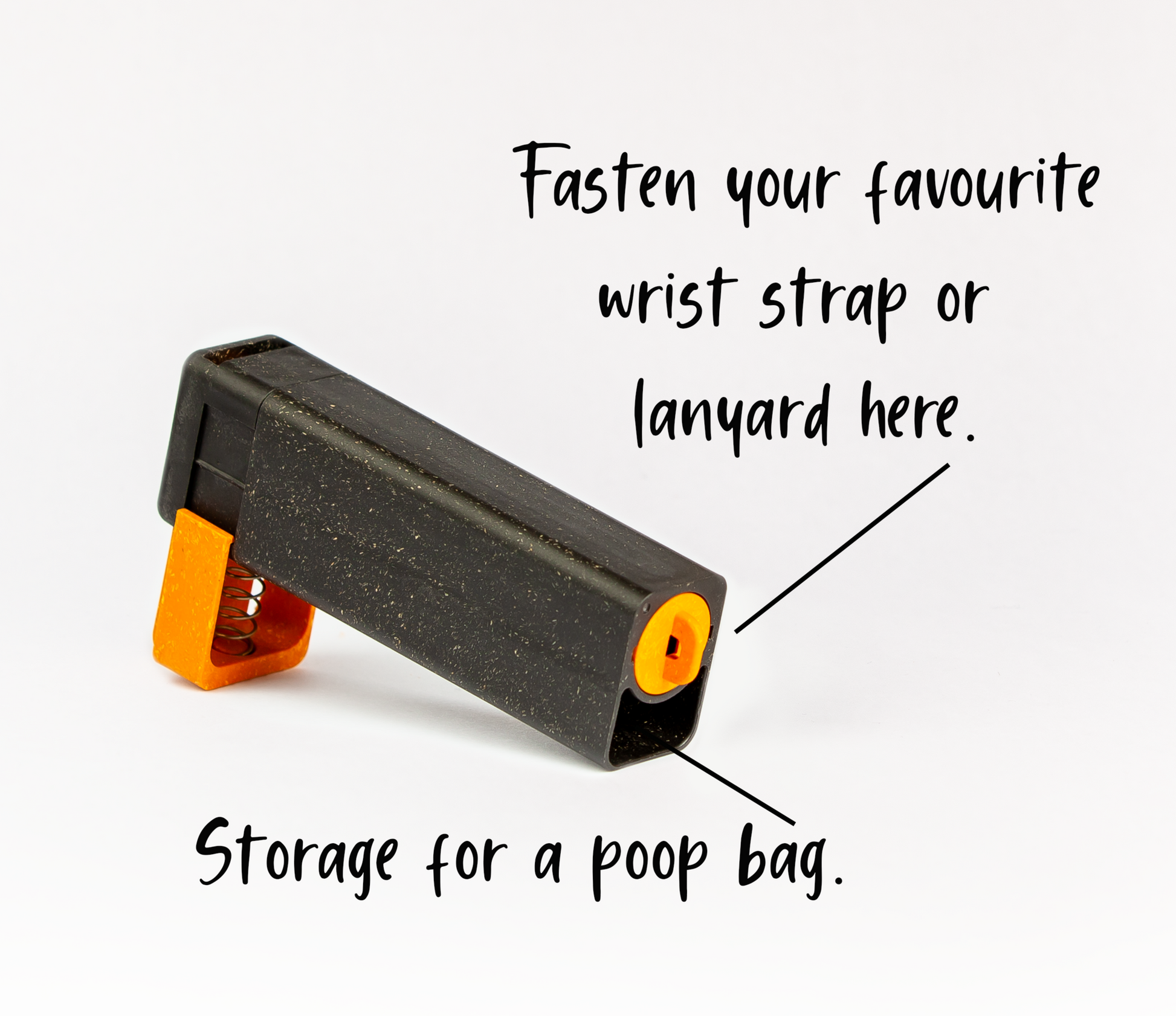 A black and orange device labeled for attaching a wrist strap or lanyard, featuring a compartment for storing a poop bag. The Your Whole Dog Train'N'Treat Dog Treat Dispenser is perfect for pet owners on the go.