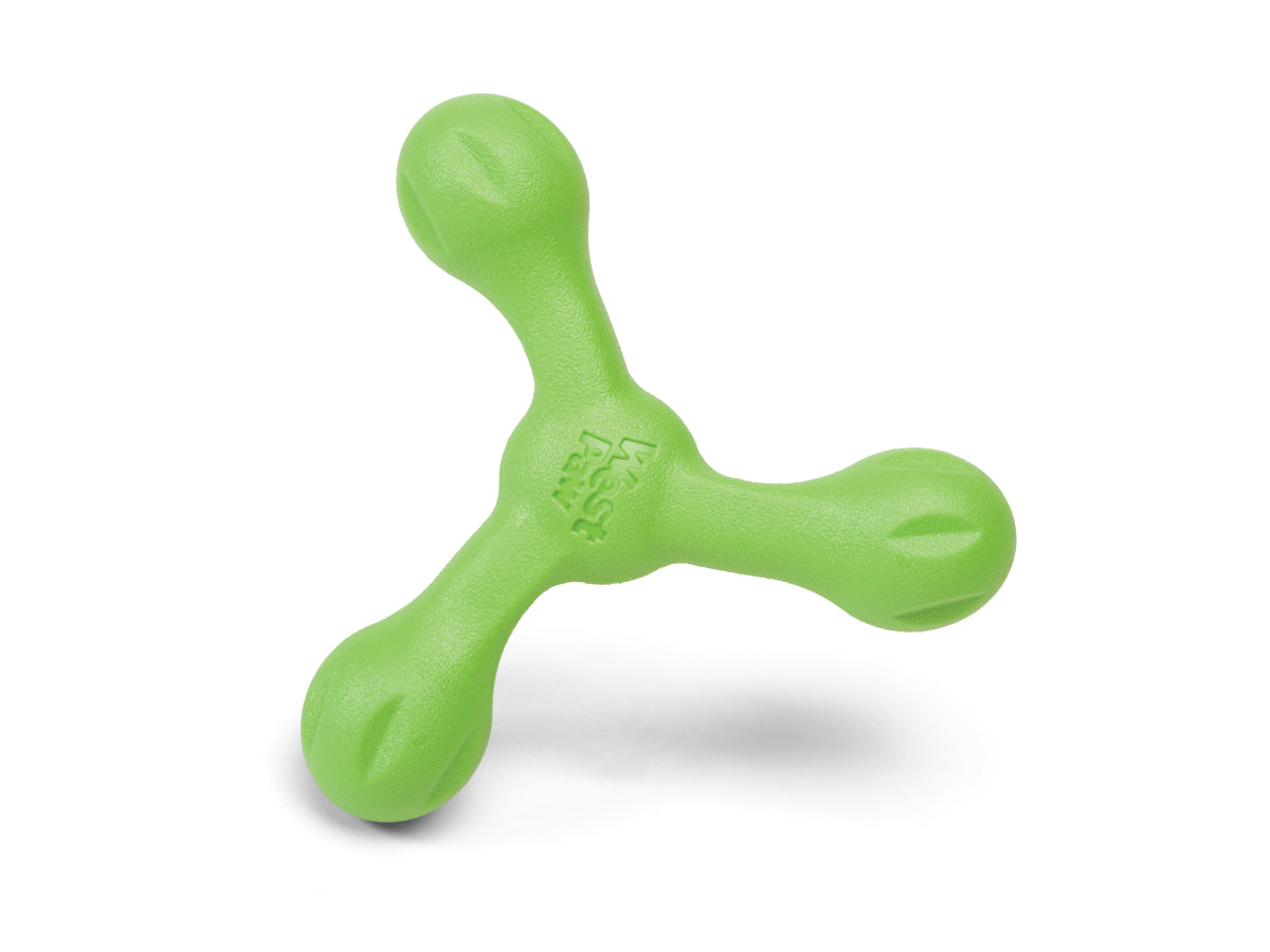 The West Paw Skamp by West Paw is a durable, green rubber dog toy with three prongs, rounded ends, and a textured surface—perfect for hours of play.