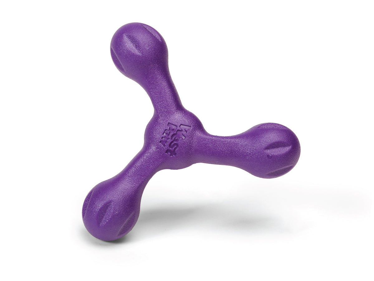 A durable, purple West Paw Skamp dog fetch toy with three rounded prongs is shown on a white background.