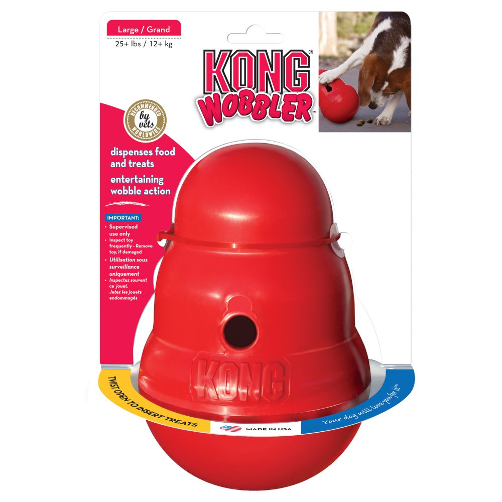 The CLEARANCE: KONG Wobbler dog toy by Your Whole Dog provides mental stimulation for your pet, through its interactive design that dispenses food.