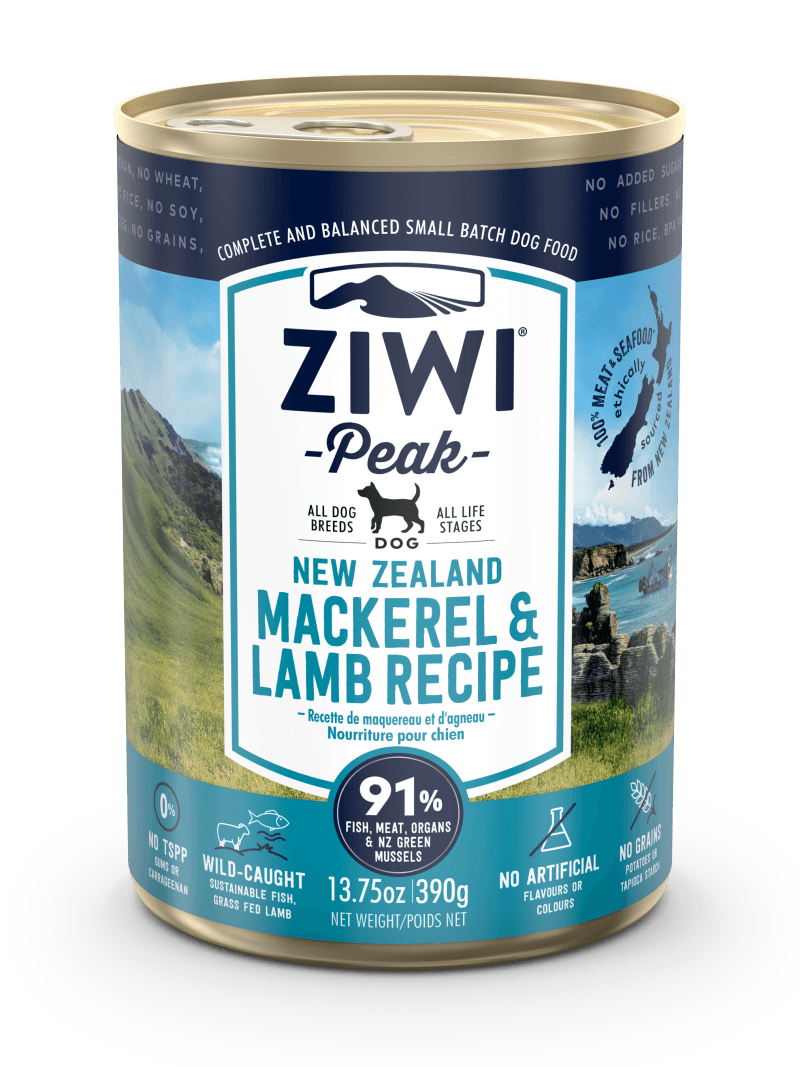 ZIWI Peak Canned Mackerel & Lamb Recipe for Dogs by Ziwi Peak features sustainable whole blue mackerel and 91% meat. With no artificial flavors, this delicious New Zealand recipe is ideal for all dog breeds and life stages, showcasing premium New Zealand ingredients.