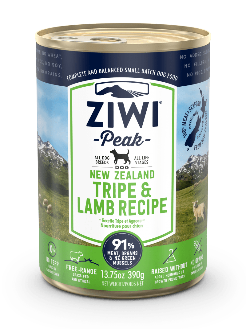 The ZIWI Peak Canned Tripe & Lamb Recipe for Dogs by Ziwi Peak showcases scenic mountain and sheep imagery on labels, promoting it as a single-protein option perfect for dogs with food sensitivities, made from 91% free-range meat without added hormones.