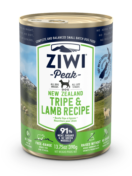 The ZIWI Peak Canned Tripe & Lamb Recipe for Dogs by Ziwi Peak showcases scenic mountain and sheep imagery on labels, promoting it as a single-protein option perfect for dogs with food sensitivities, made from 91% free-range meat without added hormones.