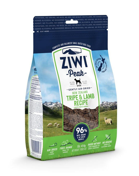 A bag of Your Whole Dog ZIWI Peak Air-Dried Tripe & Lamb Recipe for Dogs, perfect for dogs with food sensitivities or selective palates.