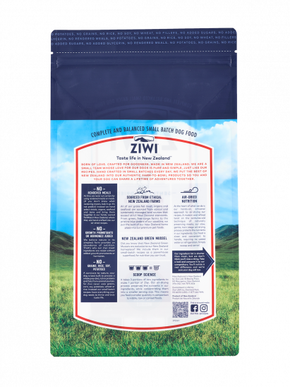 A bag of Your Whole Dog ZIWI Peak Air-Dried Venison Recipe for Dogs in a field.